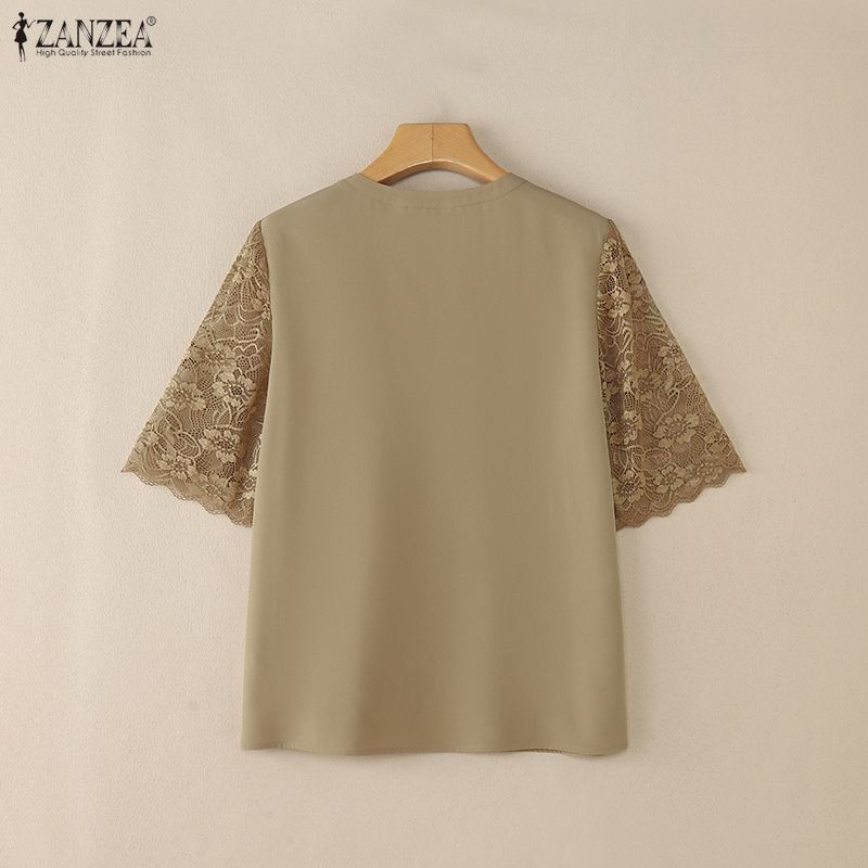 ZANZEA Women Casual Round Neck Lace Splice Short Sleeve Blouse