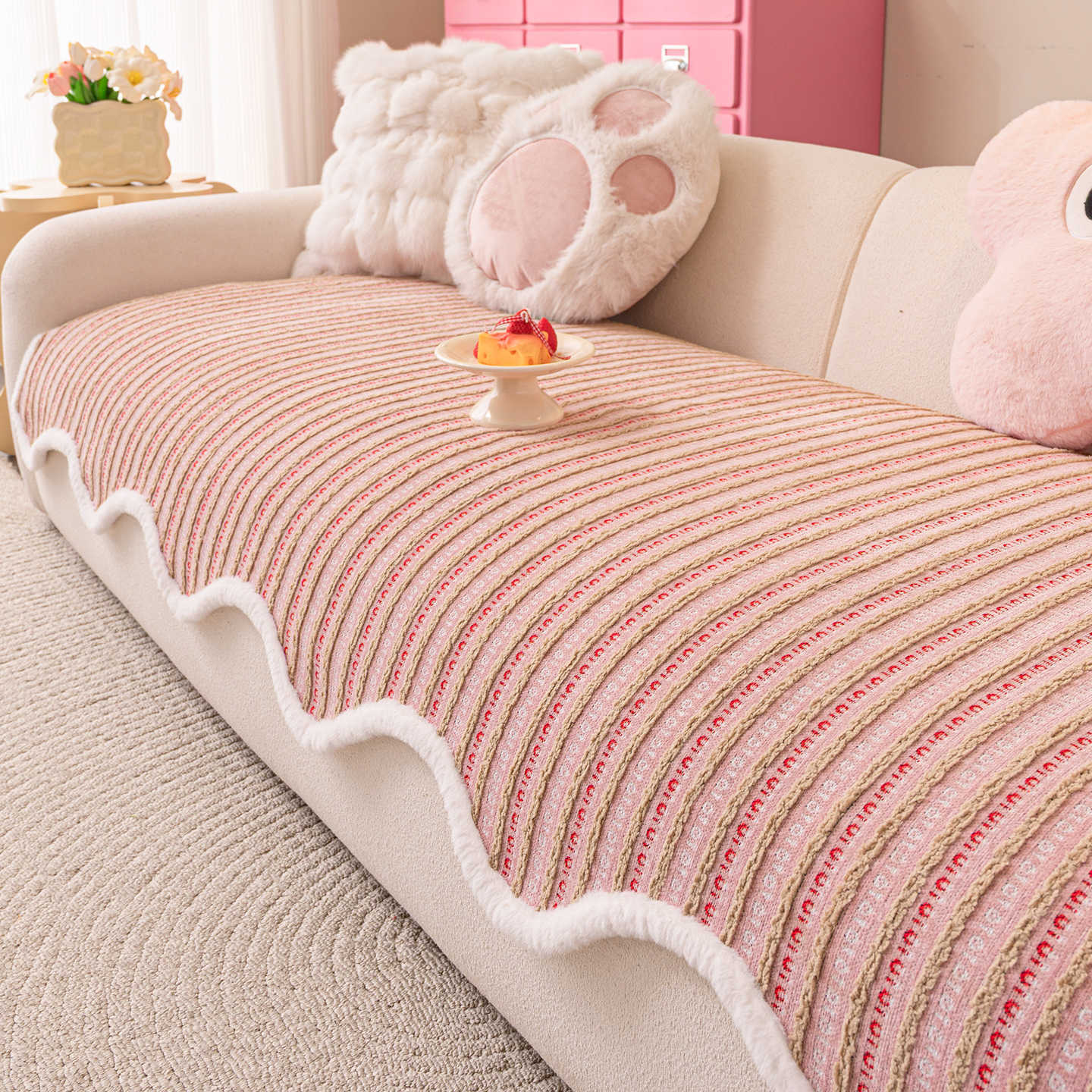 Winter New Girly Style Thickened Plush Cushion Dopamine Pink Sofa Cushion Anti Cat Scratch Anti Slip Cover 70*90cm