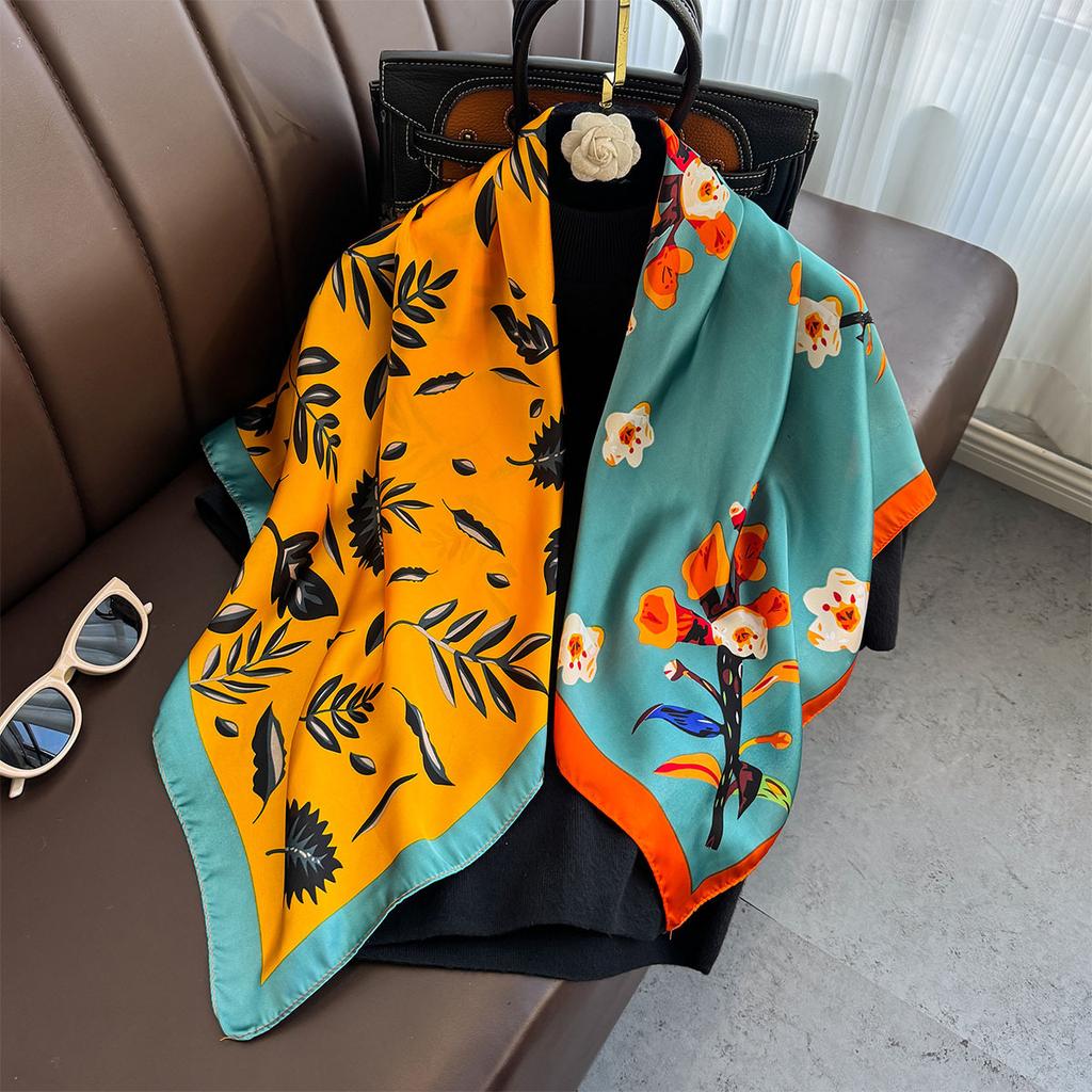 90×90Cm  Satin Shawl Design Flowers Silk Square Women Neck Scarves Wrap Headkerchief Beach Hair Band Women'S Bandana