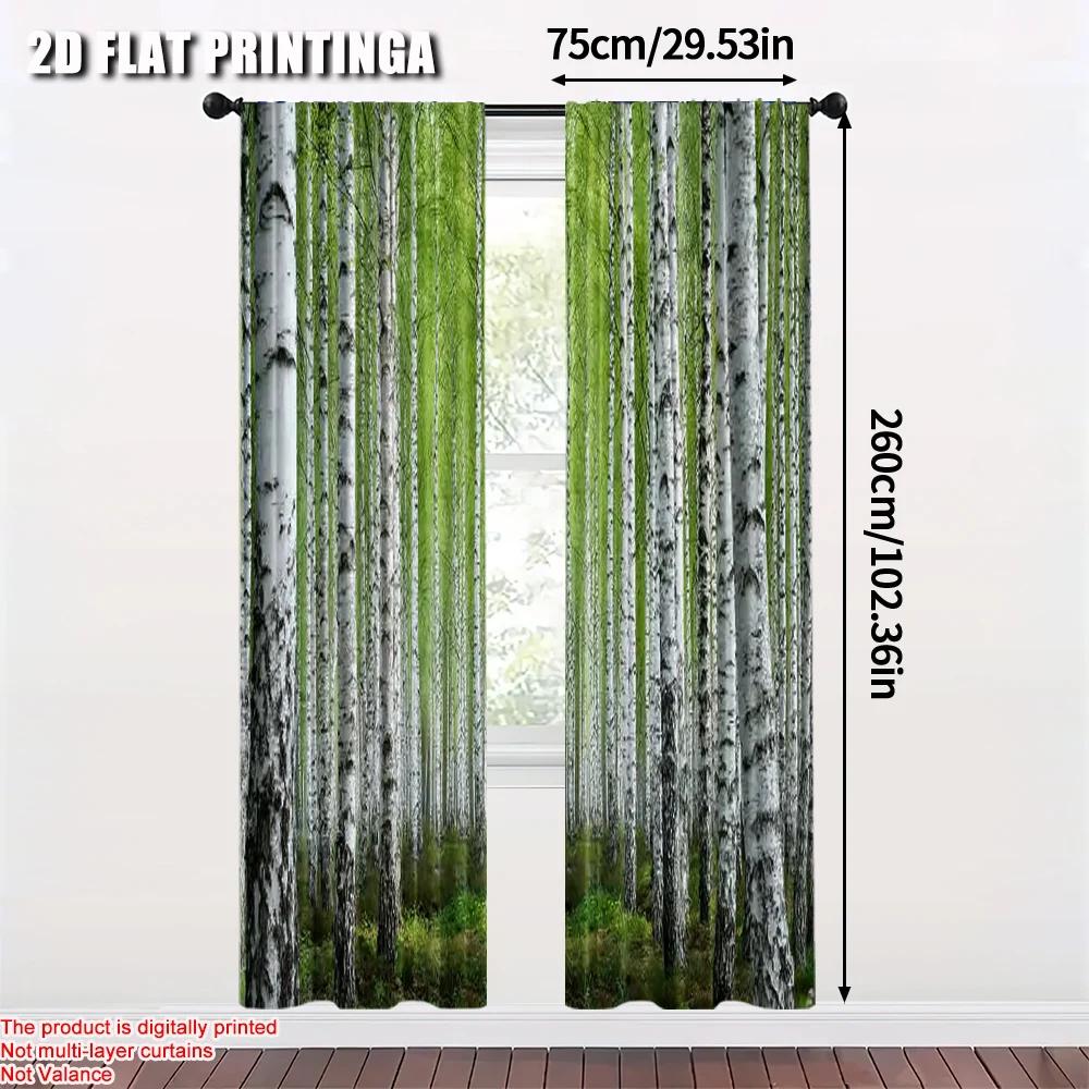 2pcs 2D flat printing Curtain Birch Trees Forest Durable 100% Polyester Fabric  Without Electricity Spring Party & Holiday Decor