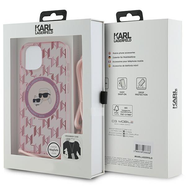 Karl Lagerfeld Klhmp15Shckcklcp Iphone 15 / 14 / 13  6.1 Rosa/Pink Hardcase Iml Crossbody Monogram Karl & Choupette Head Magsafe
