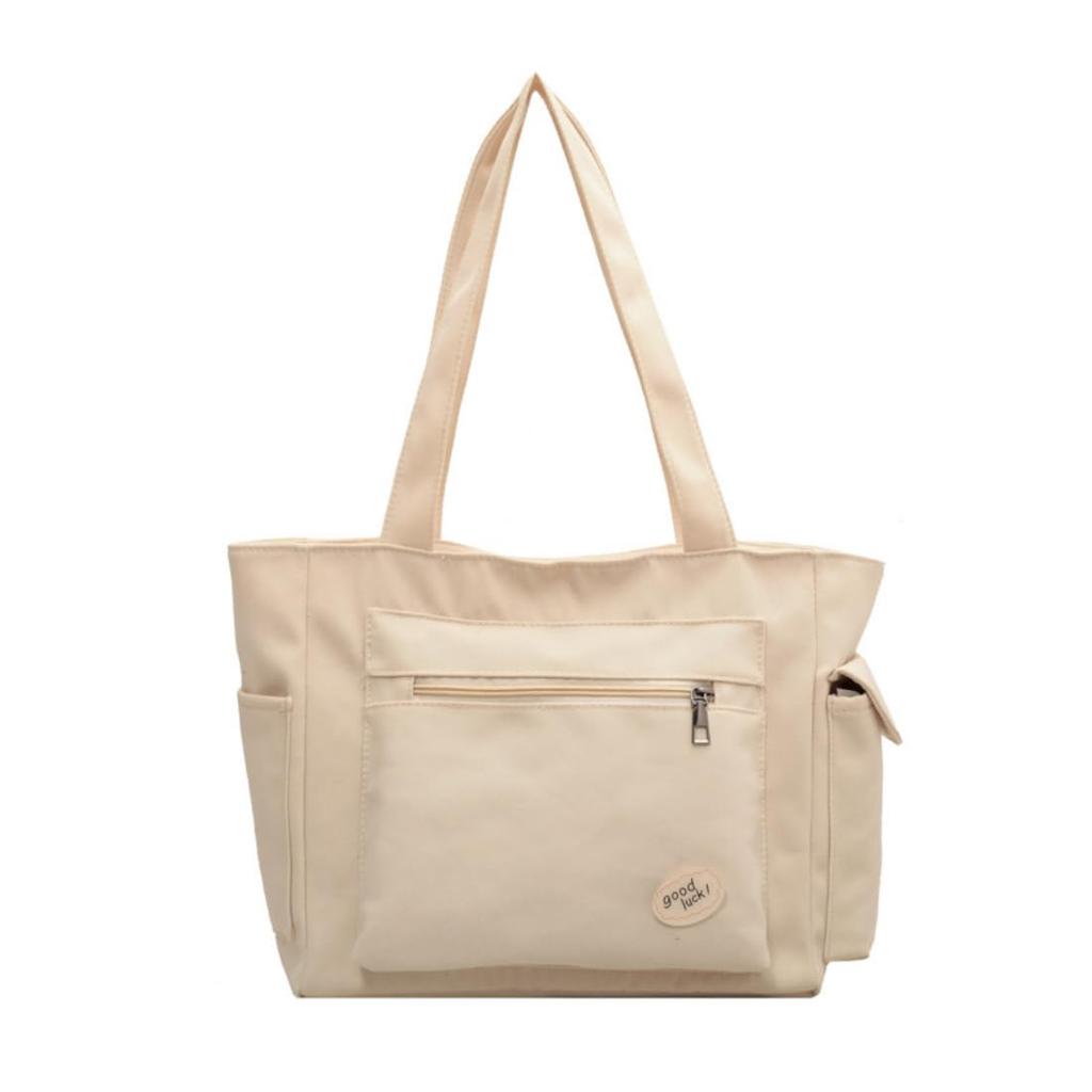 PackPixel Tote Bag, Large Capacity Canvas Shoulder Bag, Korean Style, Perfect for Overnight Trips, Casual Bag, A4 Size, SchoolCommuter Bag (Beige)