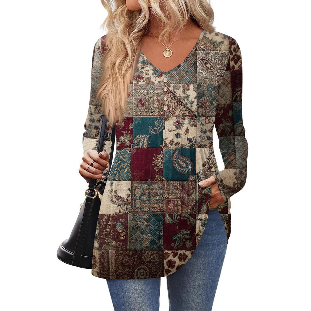 Camicia da donna casual a maniche lunghe a tinta unita da donna con scollo a V