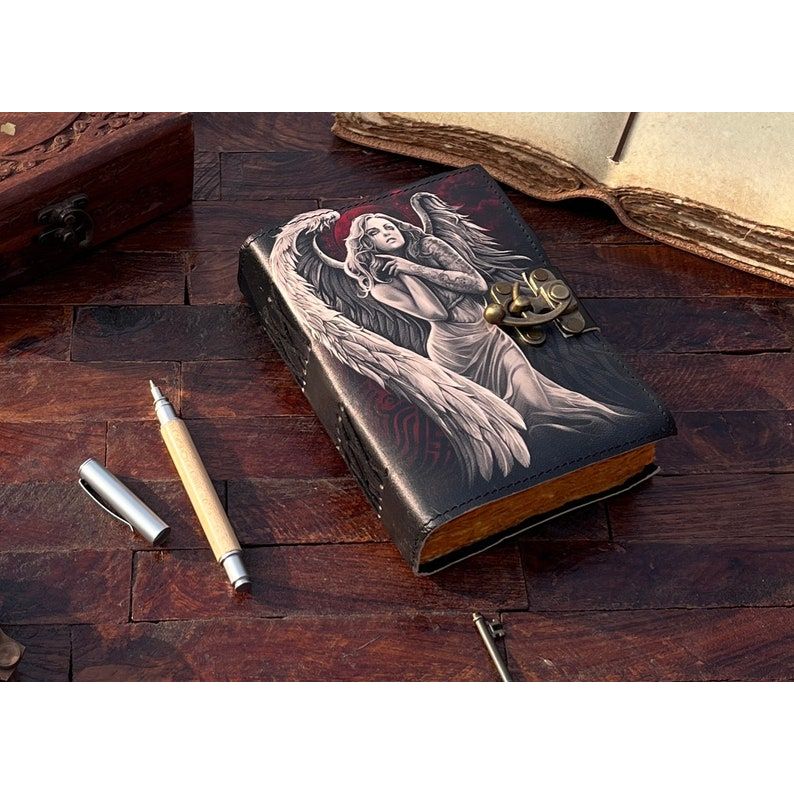 Angel Leather Journal - Handmade Leather Notebook • Grimoire Journal • Blank Book • Vintage Deckle Edges Paper • Special Gifts for Girls.