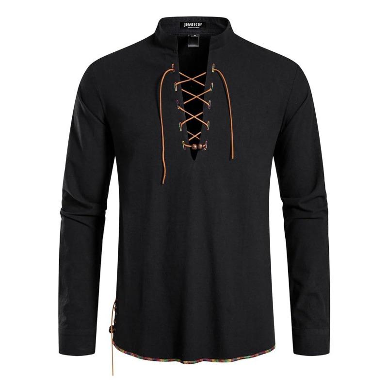 

High Quality Men s Shirt Henry Long Sleeve Casual Beach Men s Stand-Up Collar Hippie Shirt S чёрный