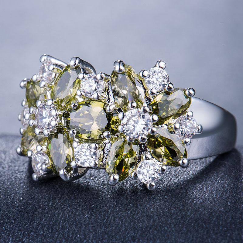 925 Sterling Silver White Zircon & Green Crystal Flower Ring for Women Vintage Engagement Promise Band Wedding Jewelry Gift