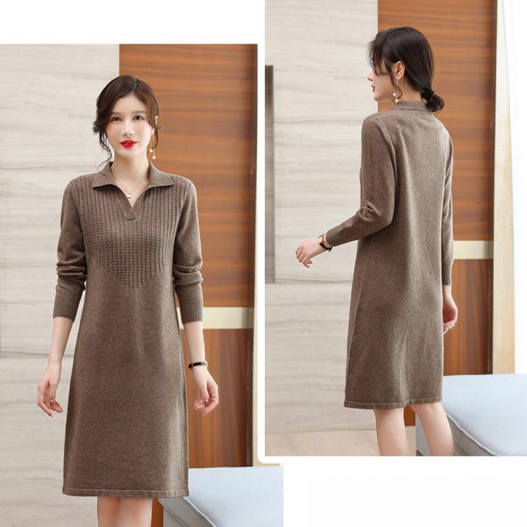 Women's Knitted Dress Red Mid-length Sweater Dress Autumn and Winter Pure Color Casual Knitted Shirt