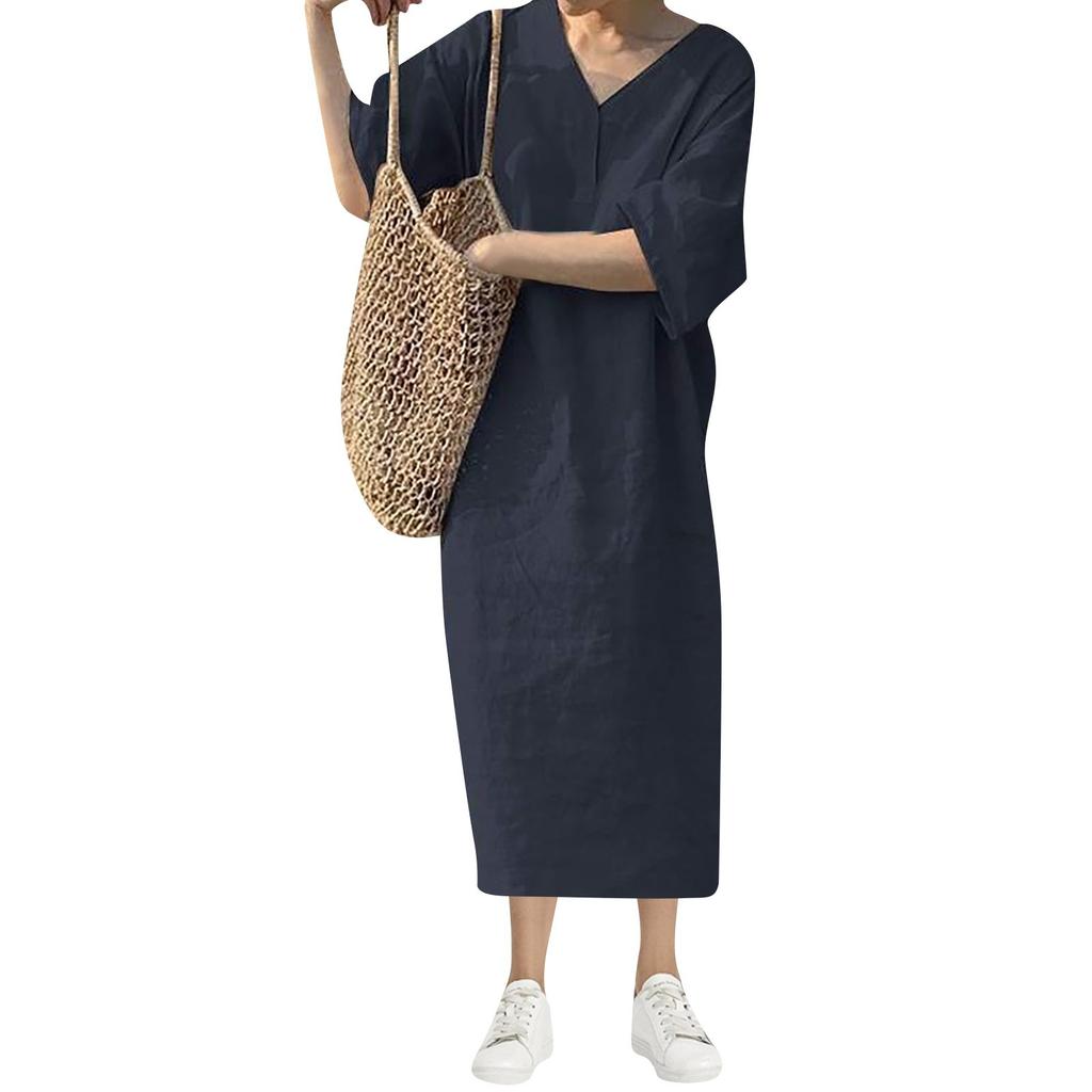 Ladies Summer New Fashion Casual Loose Short Sleeve V-neck Color Long Vest Dress