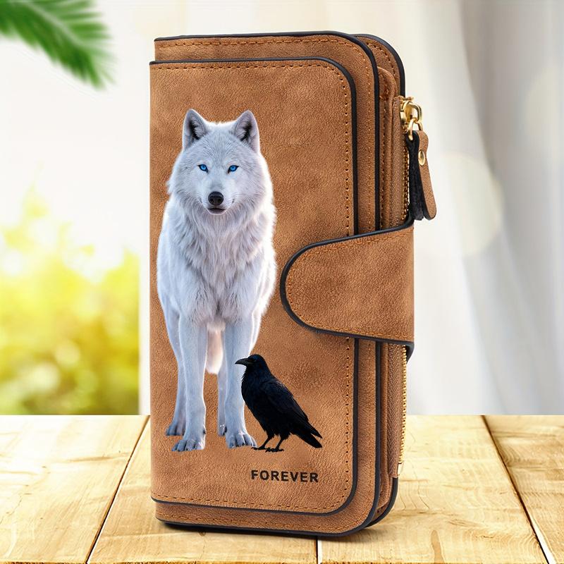 Women's White Wolf Design Long Wallet Multifunctional Snap Closure Coin Purse Ideal Birthday Gift For Animal Lovers Large Capacity Card Holder Phone