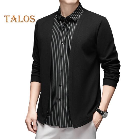 

Мужская рубашка, имитация двухкомпонентного кардигана с отложным воротником, однобортная, в полоску, с длинными рукавами, подходящего цвета, трикотажный, деловой стиль, топ M чёрный