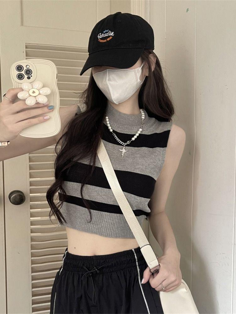 

Женский вязаный полосатый кроп-топ без рукавов с цветными блоками - Летняя майка с высокой талией One Size [Recommended for up to 125 jin]