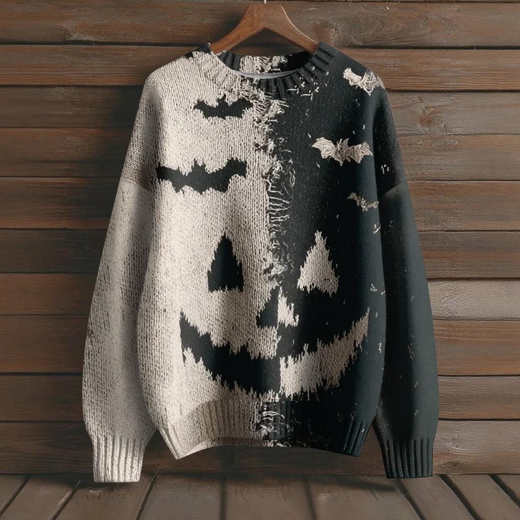 Long Sleeve Pullover Sweaters For Women O Neck Casual Cute Printing Knit Oversized Sweater