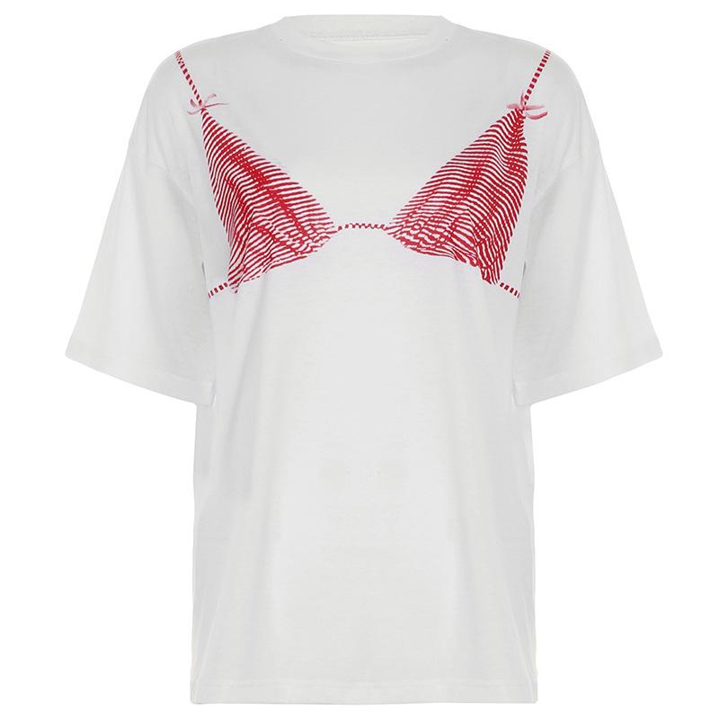Women’s Bra Print Oversized Streetwear Tee – Contrast Color Graphic Short Sleeve Casual Top S белый