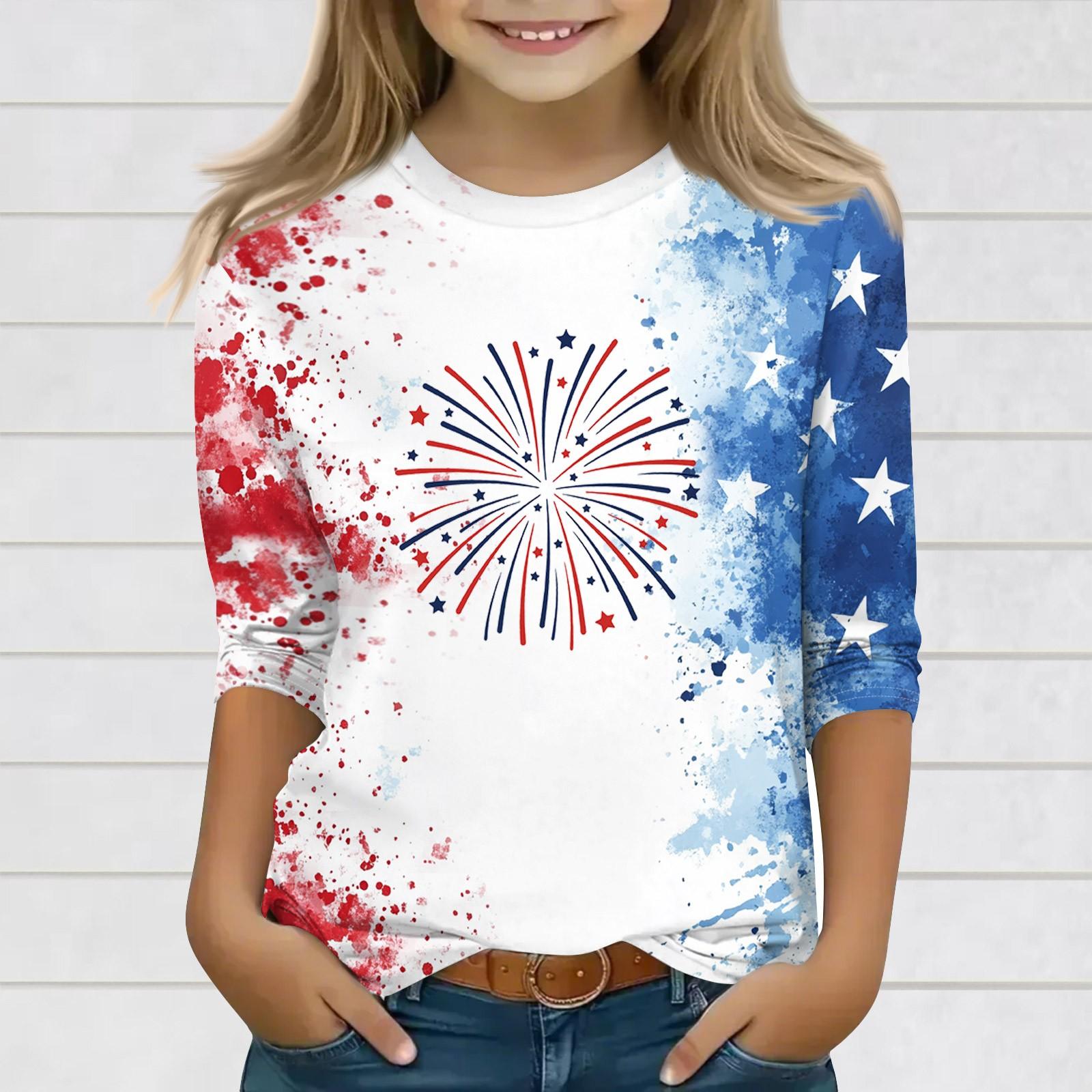 

Топы с принтом для девочек 3-10 лет с круглым вырезом и рукавами 3/4 Футболки Модные топы Наряды Футболки 140 тёмно-синий