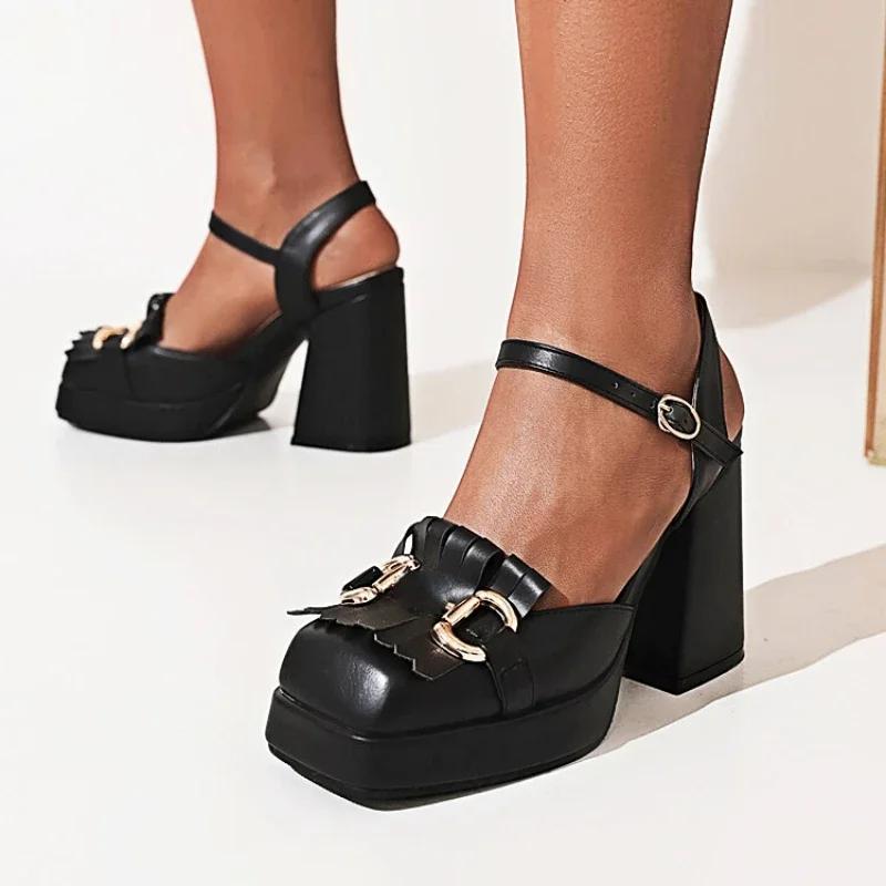 Luxury Designer Leather Women Sandals Metal Buckle Strap Chunky High Heels for Women Summer Ankle Strap Elegant Platform Sandals