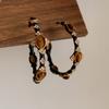 Retro Court Style Tiger's Eye Stone C Ring Earrings for Women, Old Black Gold Diamond-encrusted Large Earrings, Light Luxury Earrings.
