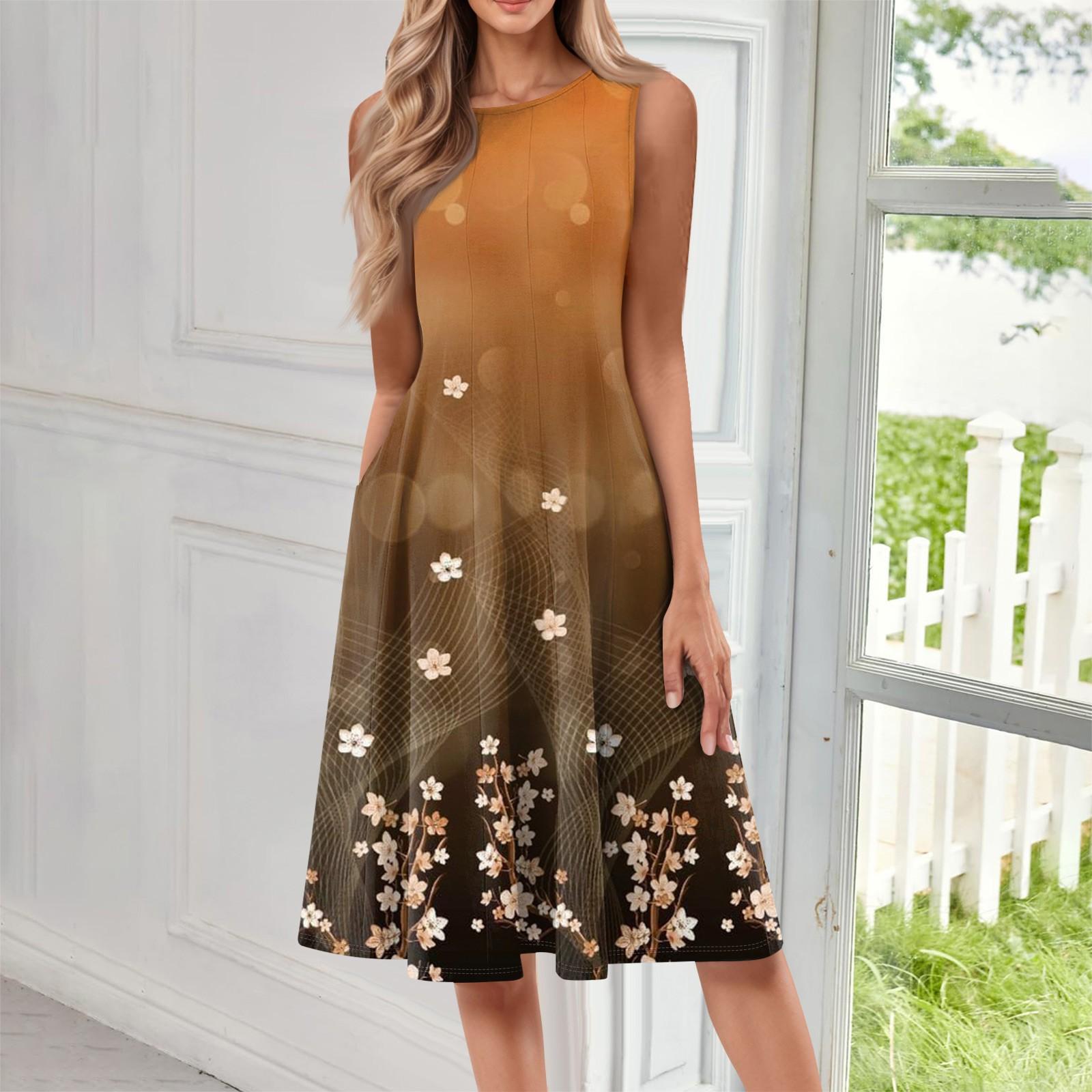 Women s Fashionable Round Neck Sleeveless Printed Casual Pullover Mid Length Dress M коричневый