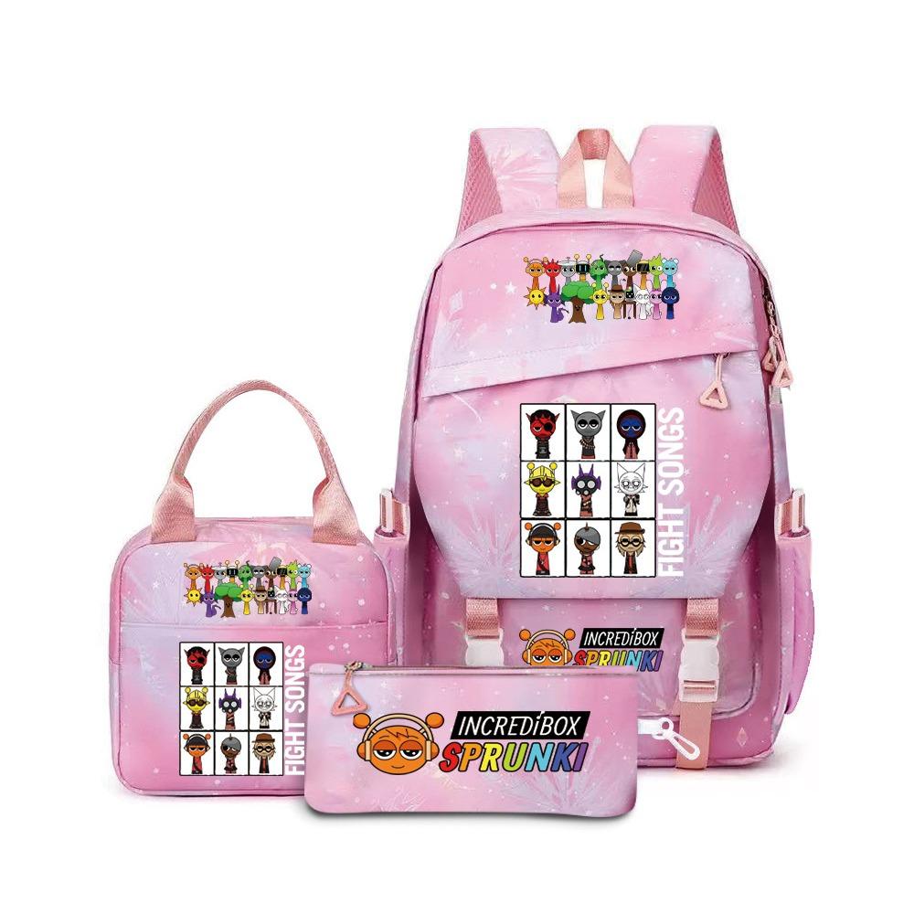 Around the box, elementary school bag sprunki cartoon backpack three-piece set D