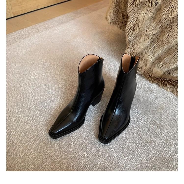 Cowhide version~ French small boots leather pointed head v-mouth short western boots women's thick heel high heel and ankle boots Martin boots