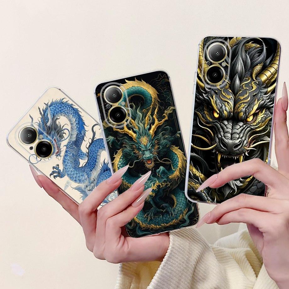 For Realme C67 4G 5G / Realme 12 Lite 4G Case RMX3782 RMX3890 Clear Soft TPU Cover Colorful Flower Cute Cartoon Cool Dragon Etui