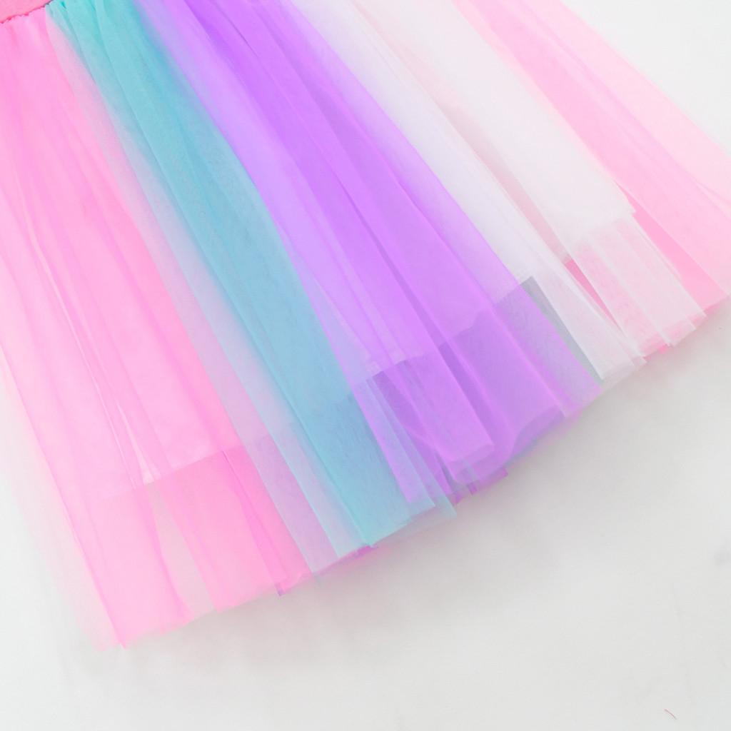 Kids Girls K-POP Rumi Zoey Mira Print Mesh Rainbow Round Neck Short Sleeves Casual Cotton Dress