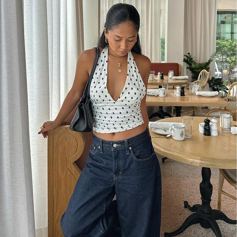 Halter V-Ausschnitt Weste Damen Y2K Schnürung Rückenfrei Polka Dot Print Skinny Sommer Mode Täglich Straße Basic Tanktops
