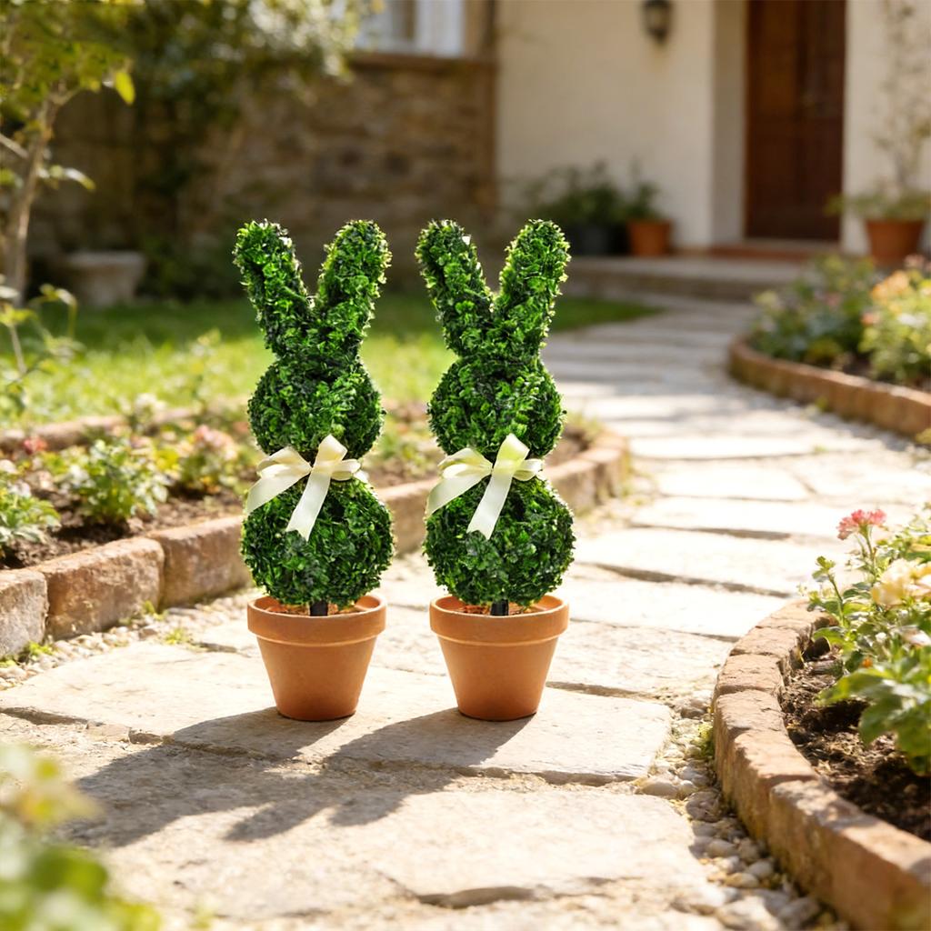 Artificial Bunny Topiary Stake for Garden Yard Lawn Easter Decor with Ribbon Bow Easter Decor for Indoor Outdoor Easter Decor