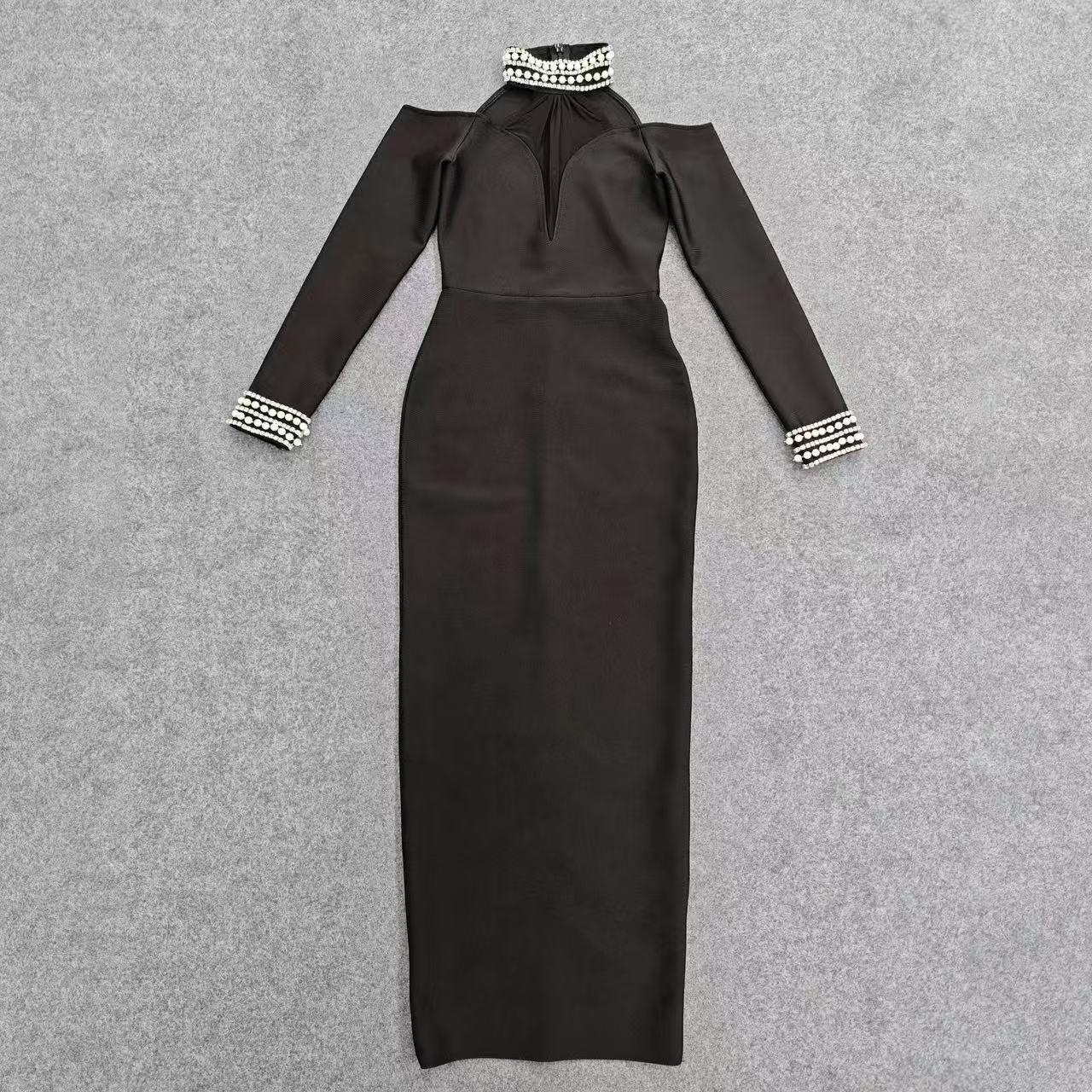 Elegant Rhinestone Beaded High Neck Slim Fit Dress - Women s European & American Fashion 2025 Medium чёрный