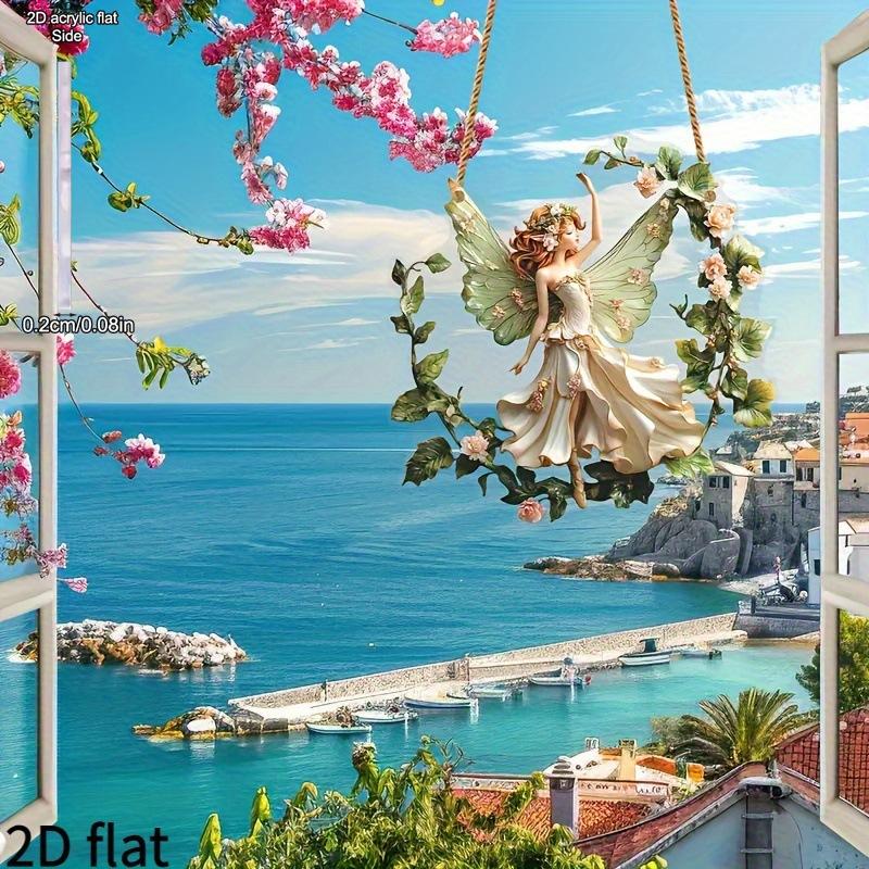 Enchanted Rose Fairy Swing Wall Decor Suncatcher, Acrylic Hanging, Stained Glass Style Window Decor for Farmhouse Garden and Yard, Perfect for Hom 