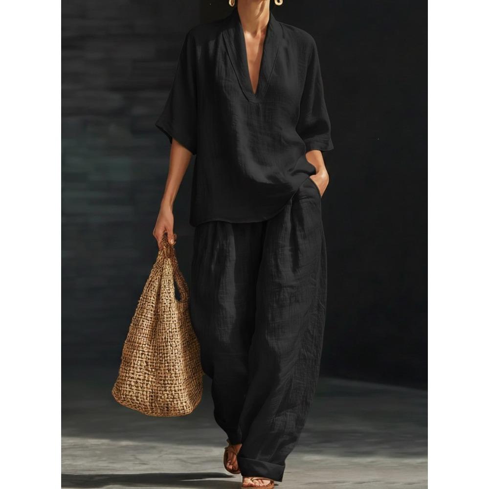 Women's V Neck Three Quarter Sleeve Loose Fit Solid Color Linen Blend 2 Piece Outfit High Waist Wide Leg Pants Casual Summer Loungewear Set