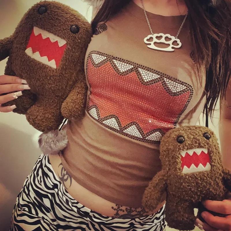 2KWEIRD Letní Nové Dámské Y2K Dívka Retro Hot Fix Aplikace Kamínků Kulatý Výstřih Top Tričko Vtipné Vintage Tama Jun Top