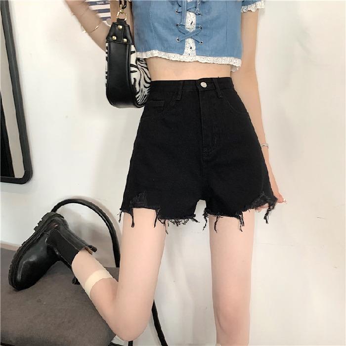 

Черные джинсовые шорты женские рваные с высокой талией утягивающие широкие брюки L чёрный
