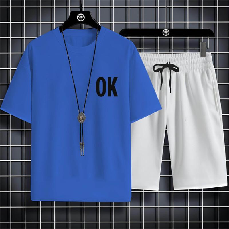 Summer Fashion Casual Sports Style Alphabet Ok Printed Men'S Round Neck Short Sleeve T-Shirt Drawstring Shorts Beach Suit