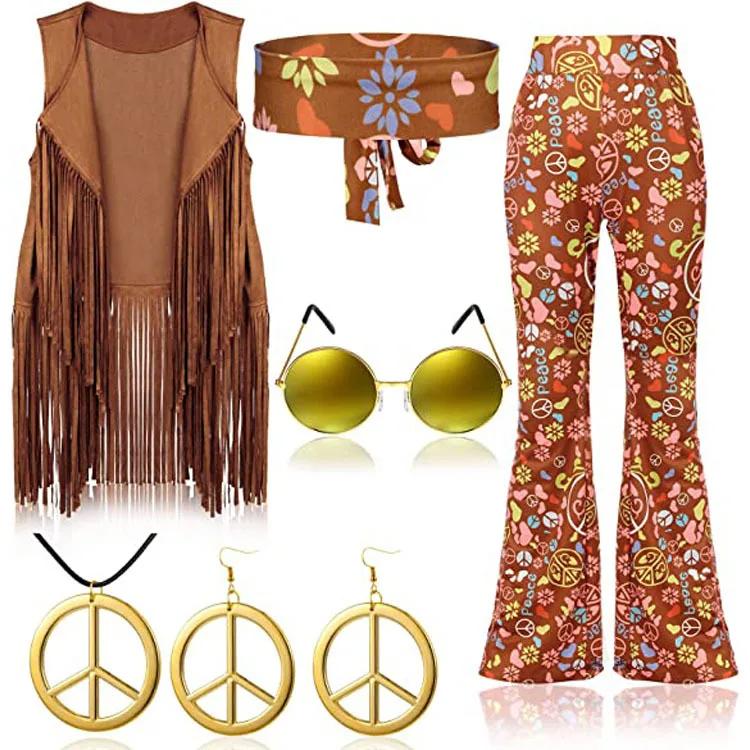 Women Peace Love Girls Hip Indian Retro Hippie Disco 60s 70s Cosplay Costume Tassels Vest Pants Cardigan Halloween Stage Party