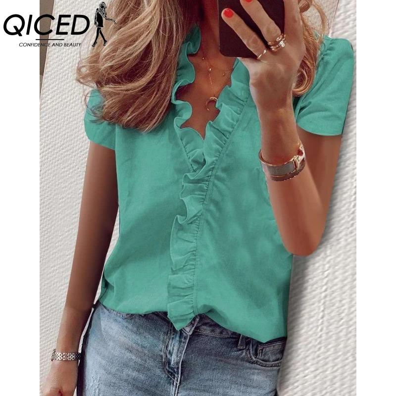 QICED Blusas y camisas de manga corta con cuello en V y estampado de color sólido informal a la moda para mujer