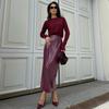 2025 Autumn High-Waisted Slimming Leather Bodycon Midi Skirt with Slit
