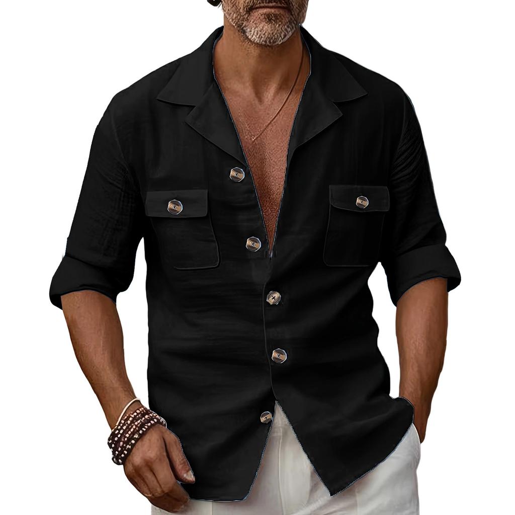 Camicia da uomo Tendenza Moda Bottoni Tasca Colore Unico Lino Tempo libero