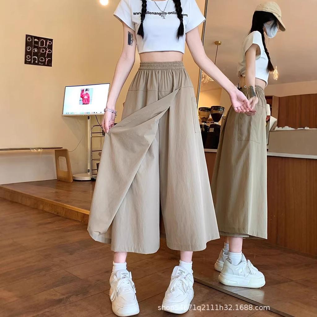 Girls Chic Elastic High Waisted Long Pants Lady Comfortable Wide Leg Trousers Women Korean Fashion Solid Color Slacks