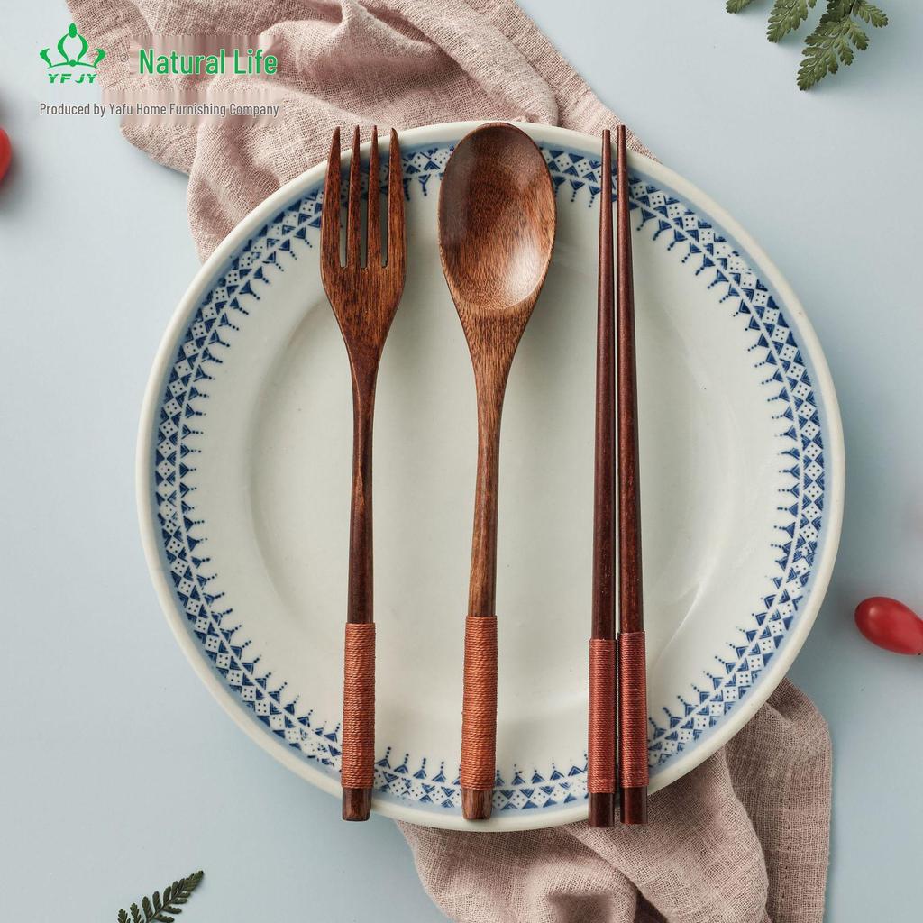 YFJY Japanese Style Wooden Chopsticks, Spoon & Fork Set for Students and Children with Cloth Bag - Three-Piece Tableware Set