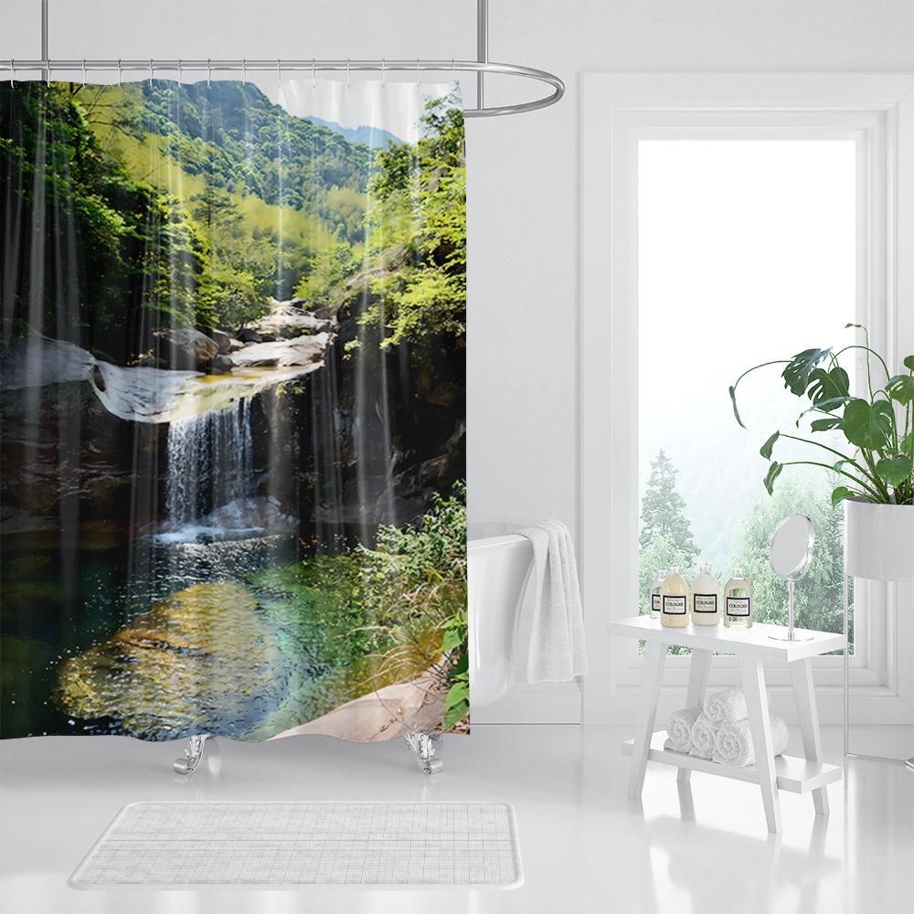 Forest Waterfall Shower Curtain Tropical Rainforest Palm Jungle Tree Green Leaves Plants Scenery Bathroom Decor Set With Hooks