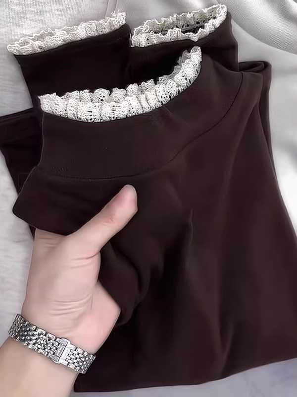Women's French Lace Trim Plush Long-Sleeve T-shirt: Stylish, Slimming Base Layer for Autumn/Winter