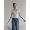 French lace patchwork square-neck mini top for women, summer new drape folded collar/inch sleeve wrench sleeve
