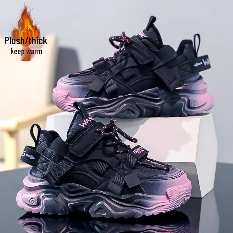 Girls' 2024 Winter Black Velvet Sports Shoes - Soft Sole Cotton Dad Style