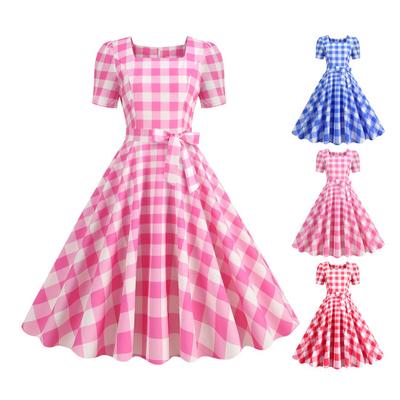 Women Vintage Plaid Print Dress Square Collar Short Sleeve Midi Dress High Waist Bowknot Decor A-Line Swing Dress