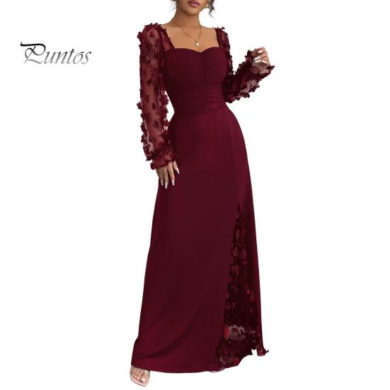 Summer Maxi Dress Flower Lace Sleeve Long for Women, Square Neck Ruffle A-Line Slim Waist Dress, Solid Color Party Soft Women
