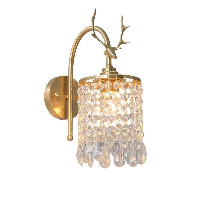 Luxury All-Copper Retro Crystal Wall Lamp with French Deer Design for Living Room and Bedroom