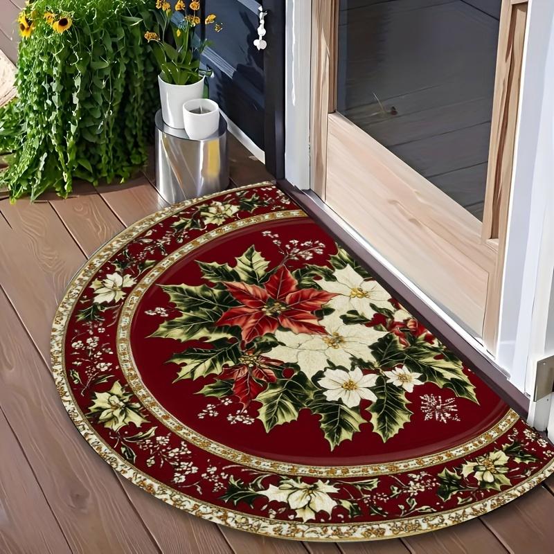 1Pcs Poinsettia Holly Semi Circle Welcome Doormat Non-Slip for Outdoor Patio Porch Kitchen Bathroom Entryway Floor Mat