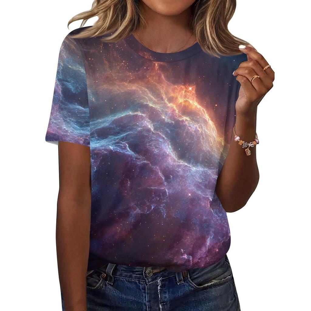 Women's Fashionable Casual Short Sleeve Print Round Neck Pullover Top
