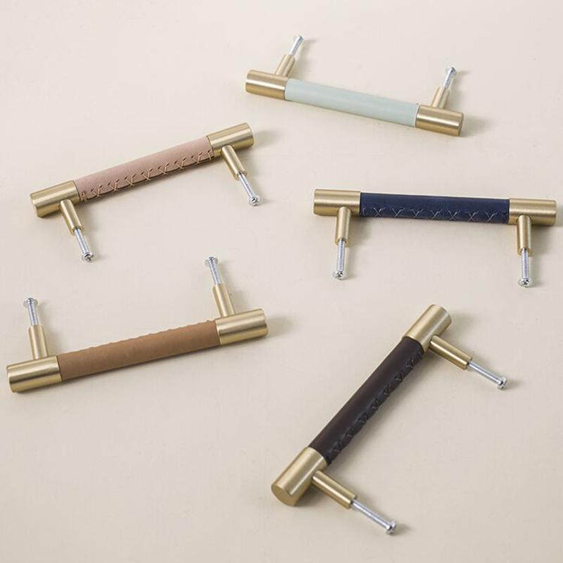 Nordic Style Simple PU Leather + Brass Door Drawer Double Hole Cabinet Handle Kitchen Cupboard Door Pulls Furniture Handle