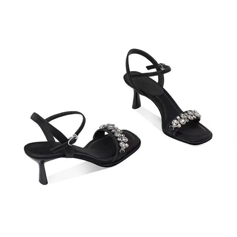 Fashion Temperament French Women 2025 High Heels Fairy Summer New One-word Rhinestone Square Toe Sandals